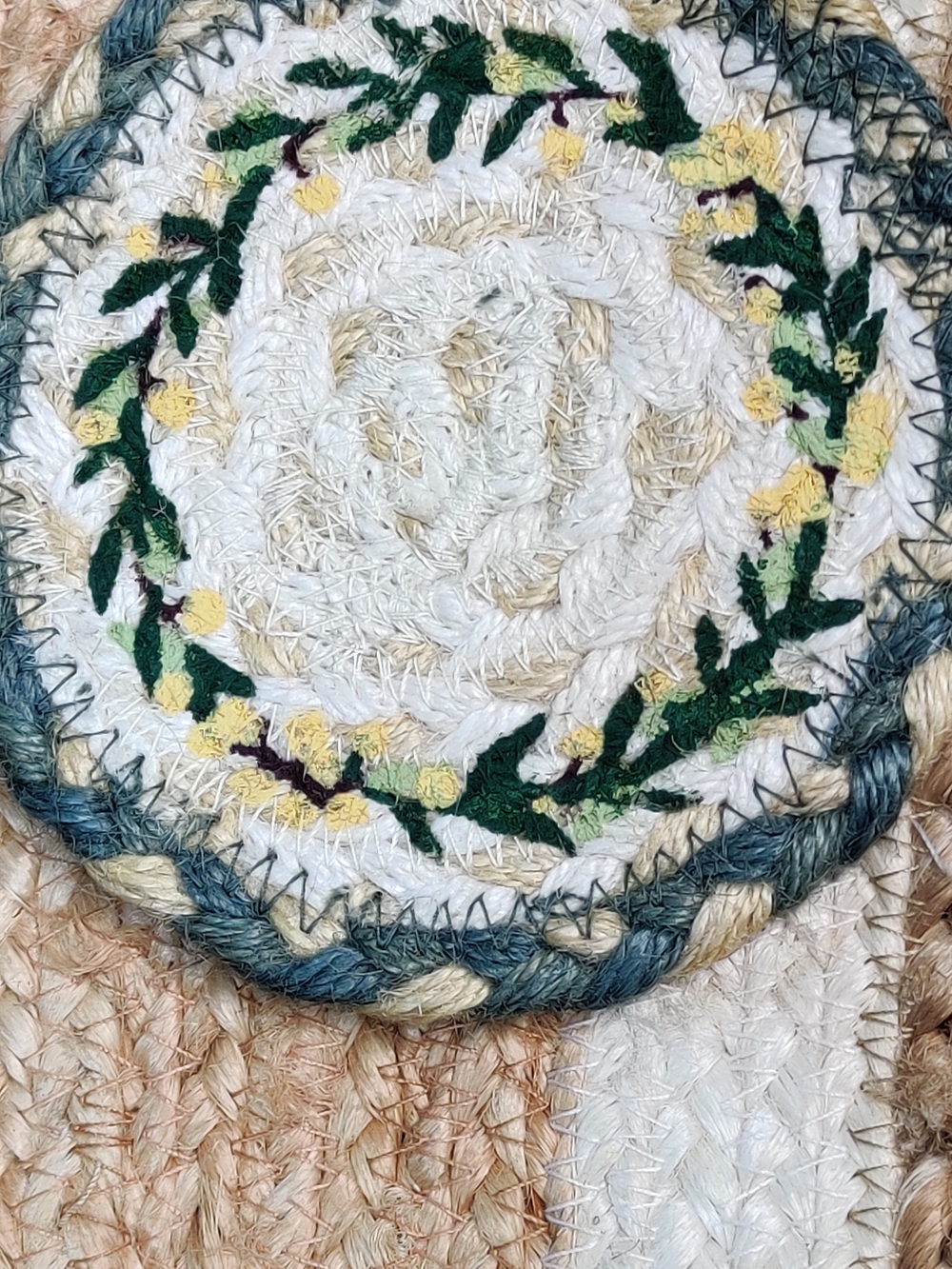 Handcrafted Floral Woven set of 2 coaster with hand paint White, Green & Yellow